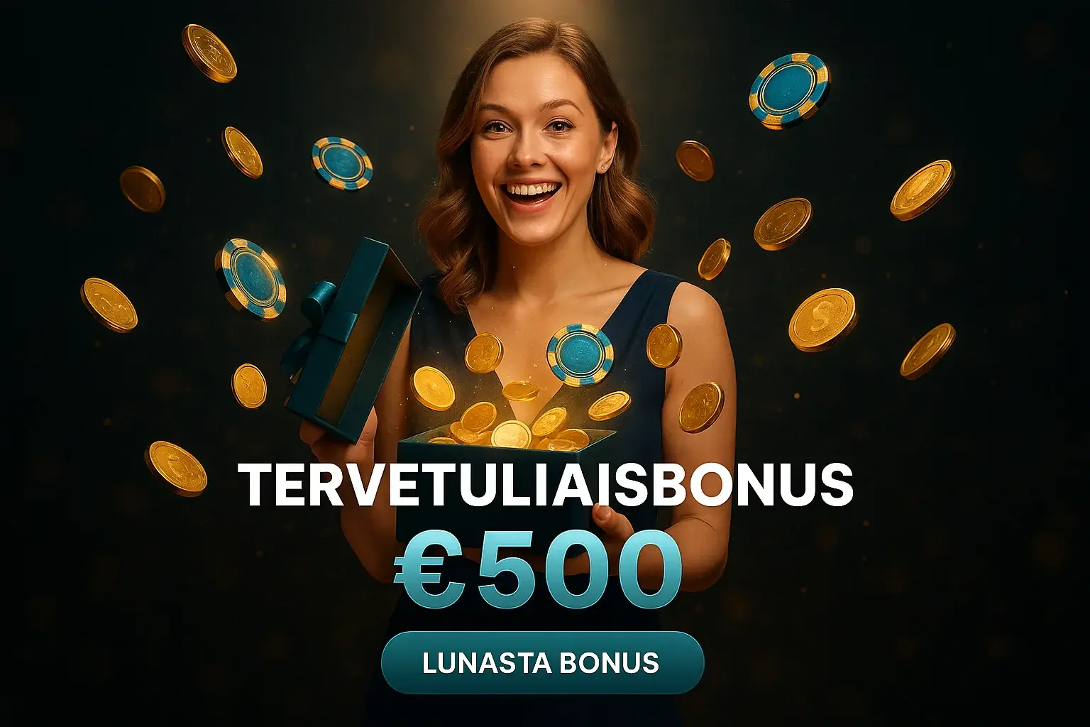 Suomalainen nainen lahjalaatikon kanssa, tervetuliaisbonus 500 € ja CTA-painike
