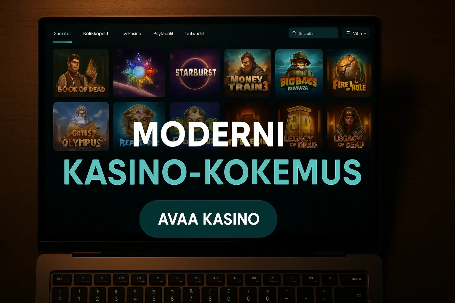 Laajakuva suomalainen kasinomainosbanneri, tumma näyttö ja teal-kasino-UI