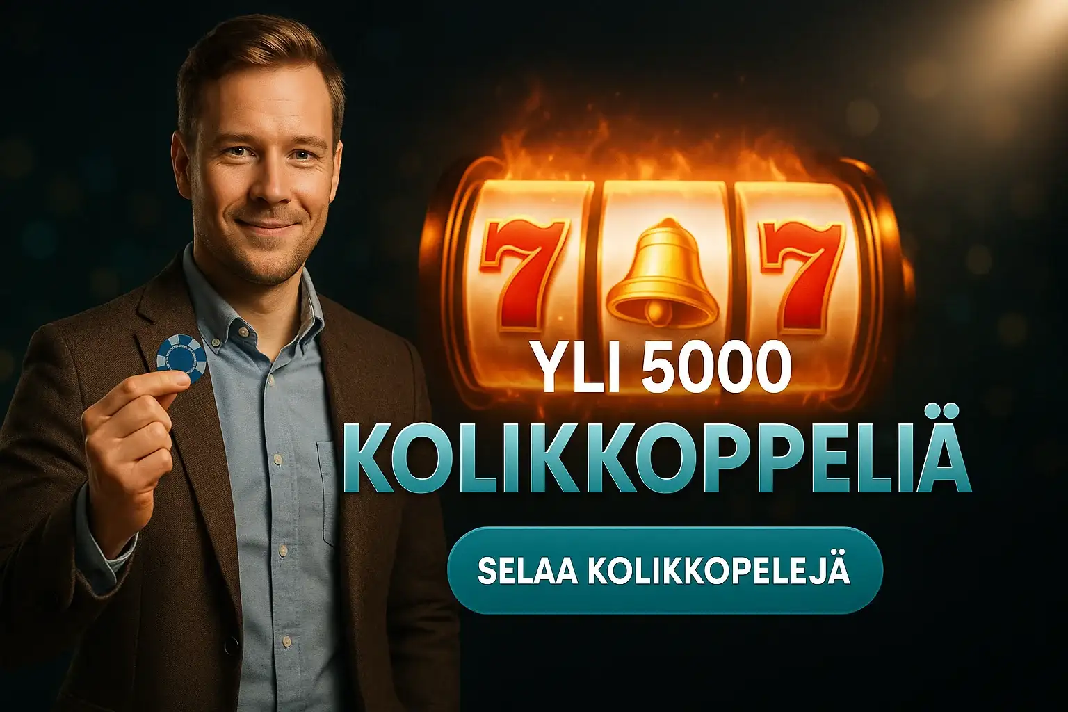 Suomalainen mies kasinolla, taustalla hehkuvat kolikkopelit ja voittosymbolit
