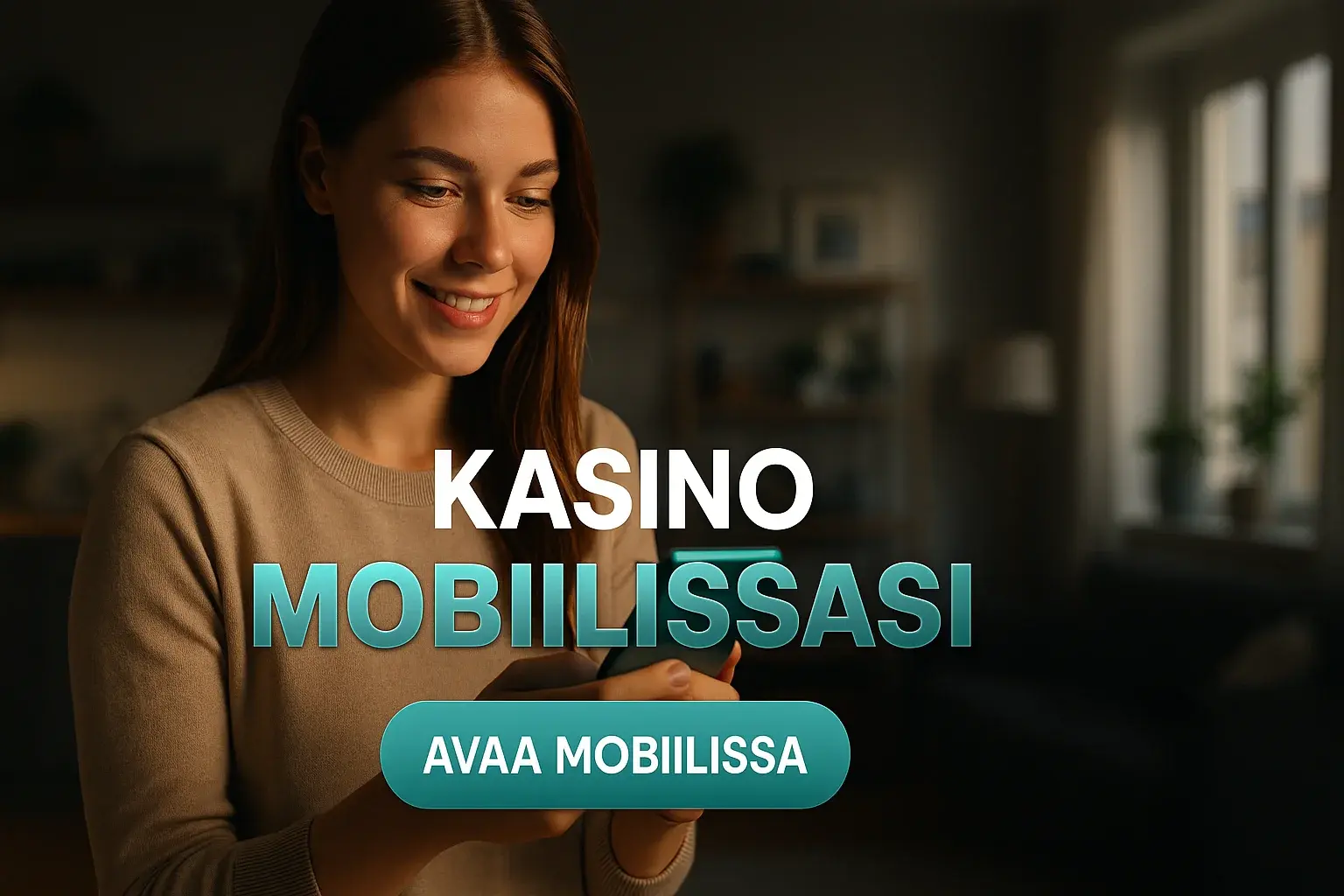 Suomalainen kasino mainosbanneri, nuori nainen pitelee puhelinta kotona