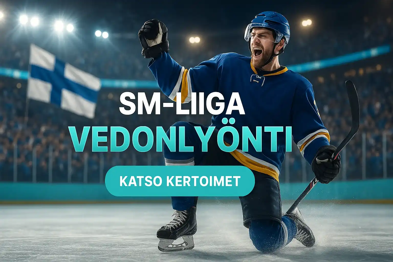 SM-liiga jääkiekkoilija juhlii maalia, vedonlyöntibanneri ja kertoimet CTA
